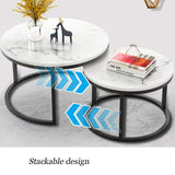 XWZJY Facile Table Basse empilable, Salon Tables gigognes Rondes, Ensemble de 2 Canapé Fin/Table d'appoint, Impression en marbre et Cadre en Acier, Facile à Nettoyer