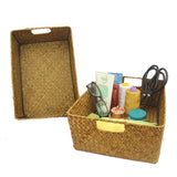 Wankd Panier de rangement rectangulaire en jonc de mer fait à la main avec poignée, M-33X23X11CM
