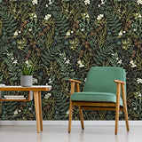 Bai You Mei Papier peint botanique noir et vert foncé pour chambre à coucher Boho Papier peint à décoller et à coller Motif plantes de la jungle