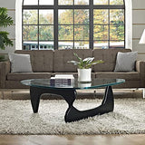 Noguchi Table basse en verre triangulaire Table d'extrémité en verre vintage, base en bois massif et plateau en verre transparent Table d'extrémité moderne pour le salon, le patio ou le bureau.