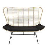 Canapé 2 Places Rotin Naturel Cap-Cod Coussin Noir Pieds Métal