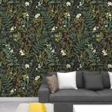Bai You Mei Papier peint botanique noir et vert foncé pour chambre à coucher Boho Papier peint à décoller et à coller Motif plantes de la jungle