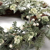 BEJOY Couronne de Noël Artificielle, 56cm Pomme de Pin Vigne Floquée Couronne de Sapin à Paillettes avec Baies Blanches pour Noël Maison Porte D'entrée Suspendue Mur Fenêtre Décor
