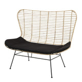 Canapé 2 Places Rotin Naturel Cap-Cod Coussin Noir Pieds Métal