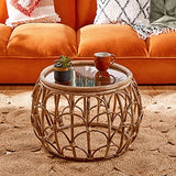 BTFY Table basse en rotin - Table centrale ronde en rotin avec plateau en verre - Table basse en osier - Style bohème et scandinave - Pour salon et salon - Sans assemblage - Gamme Evelyn