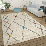 Paco Home Tapis À Poils Longs Shaggy Design Berbère Coloré Touches Moderne Ethnique Losanges en Crème, Dimension:200x290 cm