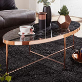 FineBuy Table Basse Ovale 110 x 40 x 56 cm Apparence De Marbre Noir | Table d'appoint Conception Moderne | Table De Sofa Structure Métallique Cuivre | Table De Salon Grand Verre De Sécurité Acier