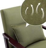 HomeMiYN Fauteuil Vintage en Bois Massif Fauteuil Salon en Imitation Lin et en Cuir PU avec Oreiller Lombaire, Dossier Ergonomique, Fauteuil d'appoint pour Salon, Chambre, Bureau, Balcon (Vert foncé)