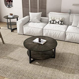 PADMA HOUSE Table basse ronde en bois massif, de salon, canapé, structure métal, à 2 étages, (vintage noir), ⌀85*45,5 cm, (1336)