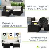 Juskys Salon de Jardin en polyrotin Lounge Punta Cana M, résistant aux intempéries - avec canapé 3 Places, Tabouret, Table & Coussins 3-4 Personnes Ensemble de Meubles de Jardin Noir/crème