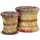 vidaXL 2x Tabouret Bambou avec Détails Chindi Multicolore Meuble de Salon