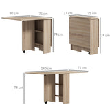 HOMCOM Table à Manger Pliante Mobile sur roulettes avec 2 Plateaux rabattables et 2 étagères intégrées - 140 x 80 x 74 cm Naturel