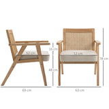 HOMCOM Fauteuil Lounge Chaise en Rotin avec Coussin - Dossier en cannage - Assise Profonde - accoudoirs - Structure Bois hévéa - Aspect Lin Beige