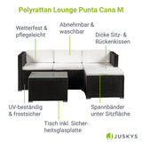 Juskys Salon de Jardin en polyrotin Lounge Punta Cana M, résistant aux intempéries - avec canapé 3 Places, Tabouret, Table & Coussins 3-4 Personnes Ensemble de Meubles de Jardin Noir/crème