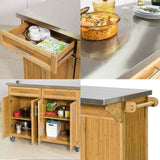SoBuy® FKW69-N Desserte sur roulettes Meuble de Cuisine de Service Roulant en Bambou - Plans de Travail en Acier INOX Rabattables - Grande Armoire de Rangement