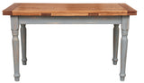 Table à rallonge champêtre en bois massif de tilleul massif, cadre gris antique, plateau fini naturel L160xPR90xH80 cm