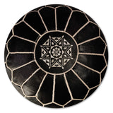 Pouf Artisanal Marocain en Cuir Véritable Fait Main - Vendu Rembourré - Coussin de Sol, Ottoman, Repose-Pied (Noir)