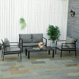 Outsunny Ensemble Salon de Jardin 4 pièces canapé 2 Places + 2 fauteuils + Table Basse Plateau à Lattes 8 Coussins Rembourrage épais déhoussables Aluminium Gris Noir