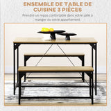 HOMCOM Ensemble Table à Manger et 2 bancs Structure Acier Table pour 4 Personnes 120 x 70 x 75 cm Banc 100 x 30 x 45 cm pour Cuisine Salle à Manger Salon Naturel et Noir