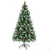Sunjas Sapin de Noël Artificiel en PVC, avec Neige, Fruits Rouges, Ananas Véritables, Support en métal, Arbre pour Décoration de Noël (150cm, 400 Branches)