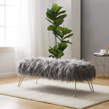 Moderne contemporain Ottoman/Banc en fausse fourrure longue Lit Fin Tabouret Tabouret Repose-pieds Tabouret/Siège avec pieds en métal d'or - 80 cm L x 45 cm L x 42 cm H (Color : Gris)