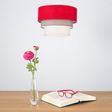 MiniSun Belle Abat-Jour pour Suspension de Plafond. Moderne - 3 Tambours en Cascade. Finition en Tissue Rouge, Gris et Blanc