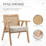 HOMCOM Fauteuil Lounge Chaise en Rotin avec Coussin - Dossier en cannage - Assise Profonde - accoudoirs - Structure Bois hévéa - Aspect Lin Beige
