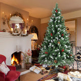 Sunjas Sapin de Noël Artificiel en PVC, avec Neige, Fruits Rouges, Ananas Véritables, Support en métal, Arbre pour Décoration de Noël (150cm, 400 Branches)