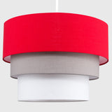 MiniSun Belle Abat-Jour pour Suspension de Plafond. Moderne - 3 Tambours en Cascade. Finition en Tissue Rouge, Gris et Blanc